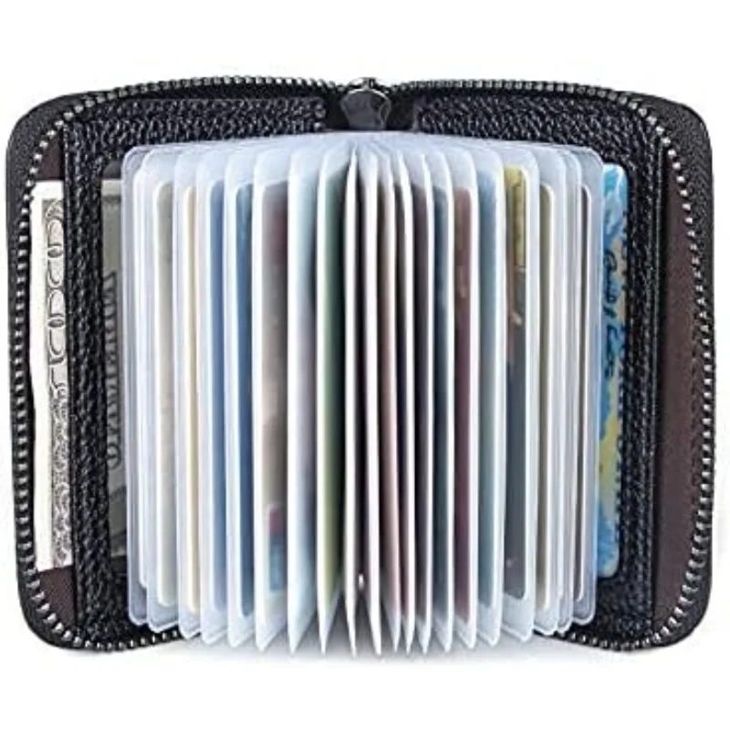 Credit Card Holder Wallet, 20 Card Slots, Secure Card Case ID Case Organizer Zipper Wallet (Black, Coffee)