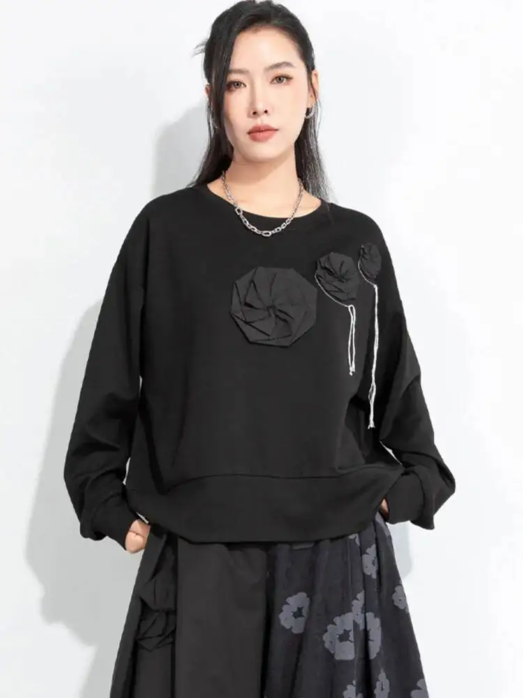 

Women Black 3d Flower Big Size Casual T-shirt New Round Neck Long Sleeve Fashion Tide Spring Autumn