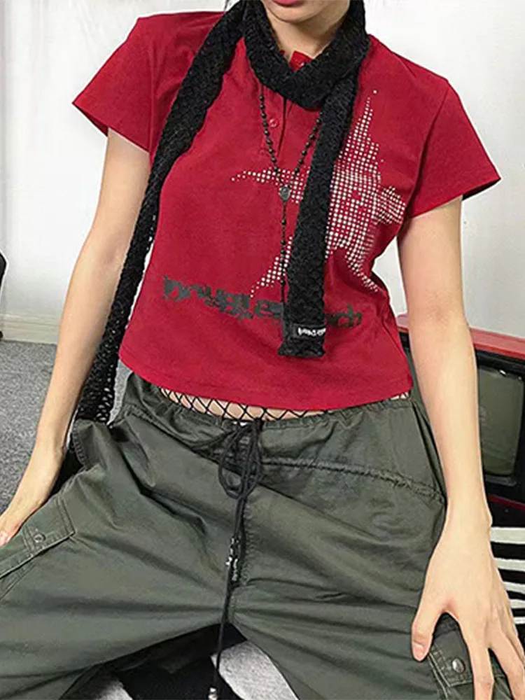 Crop Top Japanese Style Star Pattern Round Neck Short Sleeve T Shirts Graphic Tee y2k Women Clothes Streetwear