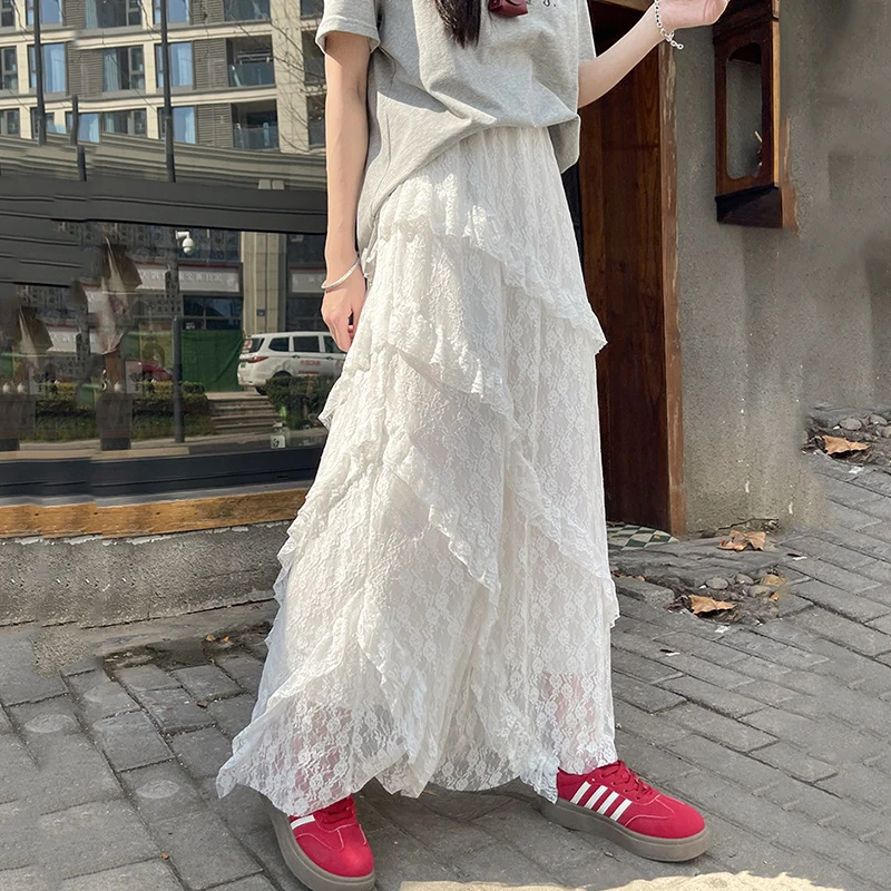 Sweet White Lace Long Cake Skirts Women Spring Summer High Waist Mesh Ruffles Midi Skirt Woman Loose A Line Ballet Skirt Female
