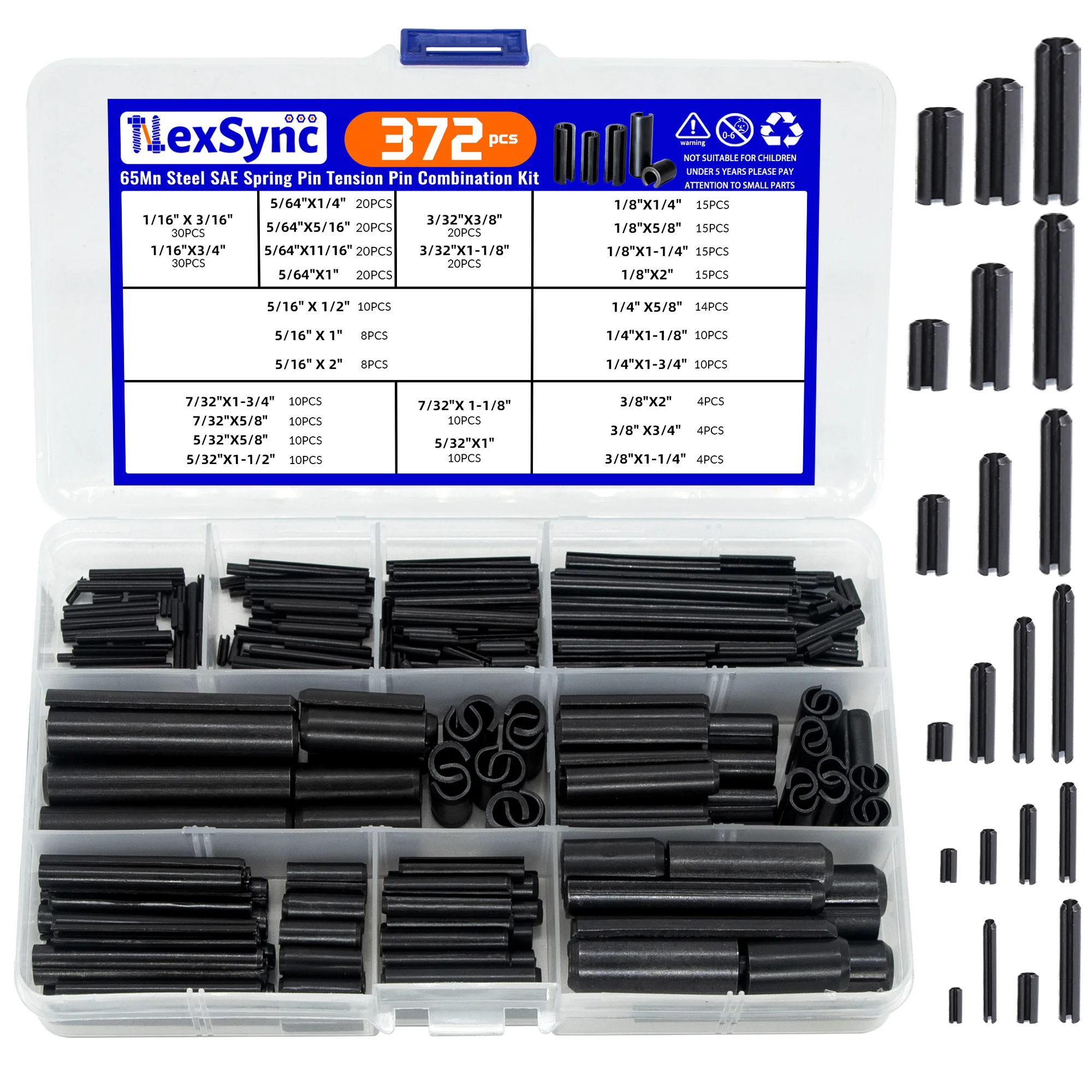 372Pcs Black SAE Elastic Spring Pins Kit 65Mn Steel Tension Pins Assortment Set Imperial Sizes for Machinery Repair Fasteners