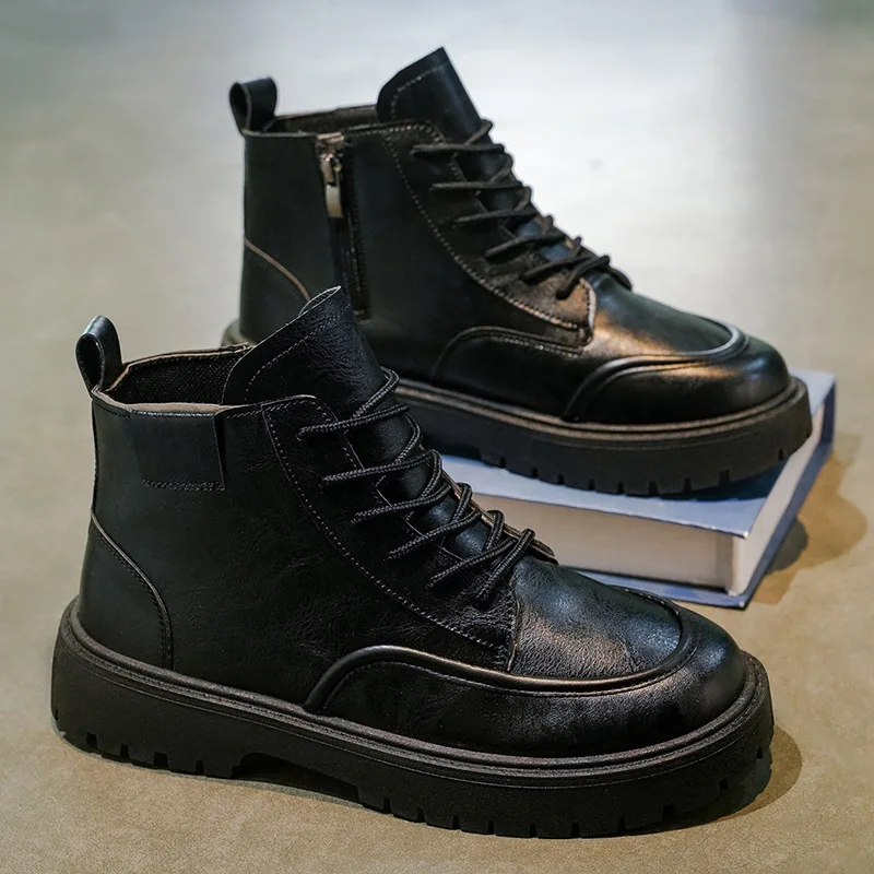 Men's high-top business casual British soft leather and fleece leather shoes, thick-soled warm ankle boots, men's cotton boots