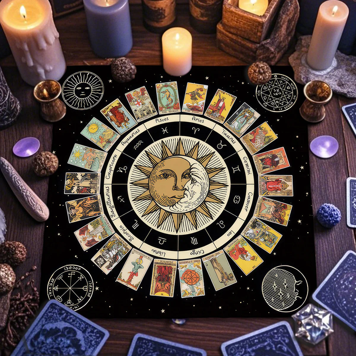 Sun & Moon Tarot Cards Tablecloth Tarot Reading Cloth Moon Phase Changes Altar Cloth for Tarot Enthusiasts Use Divination Decor