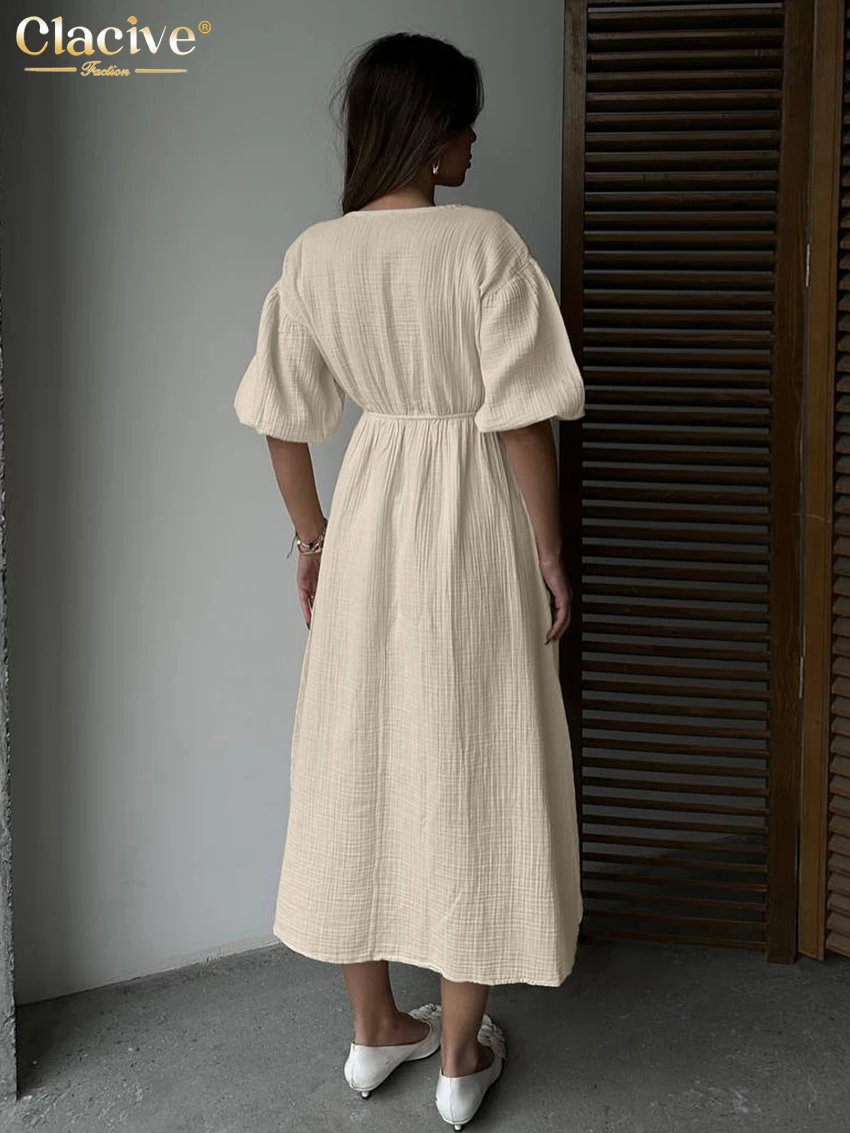 Clacive Sommer Lose Aprikose Baumwolle Frauen Kleid 2025, Sexy V-ausschnitt Kurzarm Knöchel Länge Kleider Elegante Spitze-Up weibliche Kleid