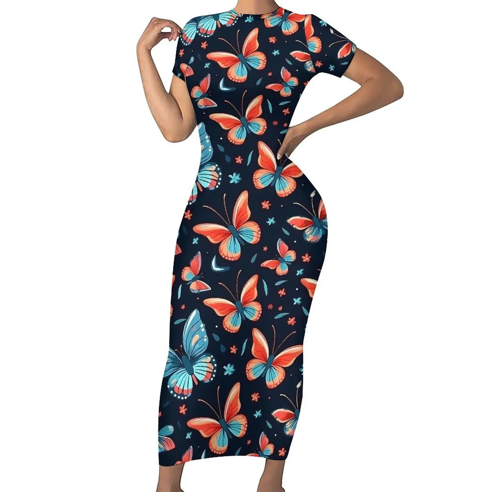 Ästhetische Schmetterlinge, figurbetontes Kleid für Damen, Tier, trendige Maxikleider, Frühling, kurzärmelig, Streetwear-Design, großes Kleid