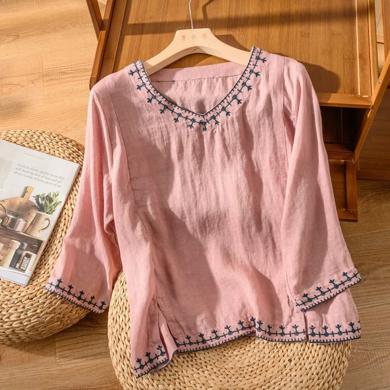 Women Spring Summer Imitation Cotton Linen Shirt Lady Vintage Embroidery Tops Retro Literary Art Blouse Chic Casual Loose Shirts