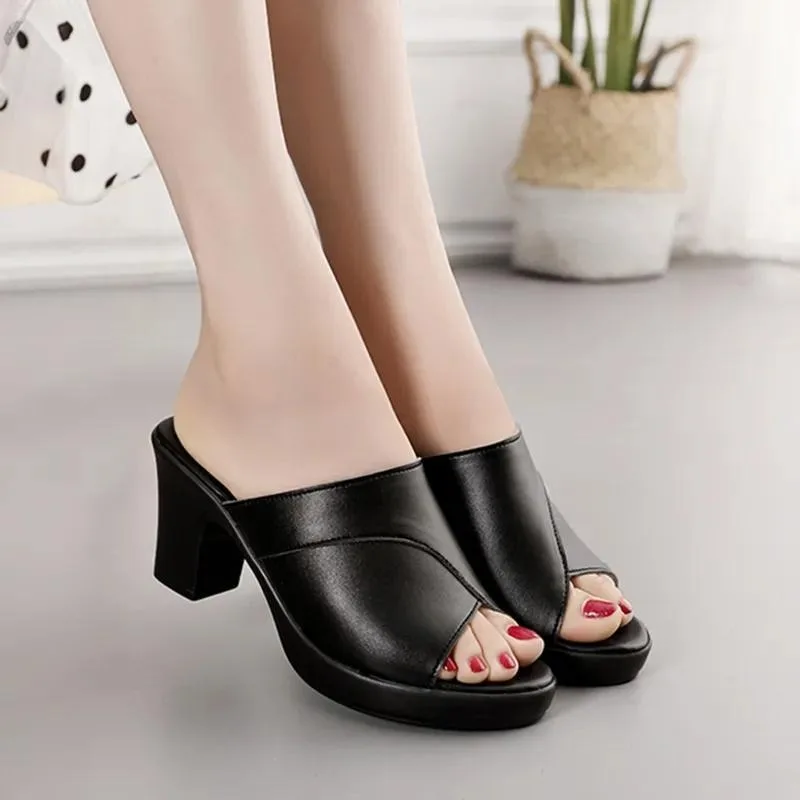 Women Summer New High-heeled Waterproof Platform Sandals Female Thick-heeled Slippers Bright Leather Solid Color Casual Shoes