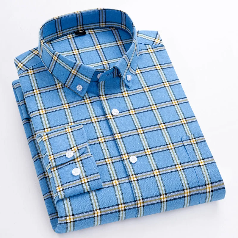 Camisa clásica de algodón para hombre, camisas a cuadros a rayas de manga larga, cómodas, suaves y versátiles, camisas sociales informales de