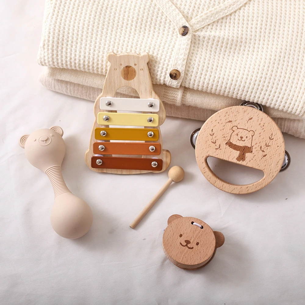 5pc Baby Music Rattle Sets,Hand Music Bell,Baby 0 3 Years Toys,Make Sound Toys,Bear Music Rattle,Wooden Educational Toys for Kid