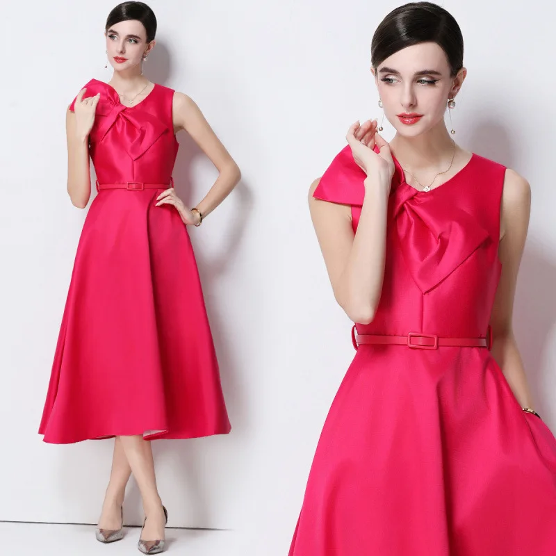 

Retro V-ne Maxi Dr with Belt And Large Bow High Waist Flared Skirt Svel Women's Street Sle Knitted Polyester