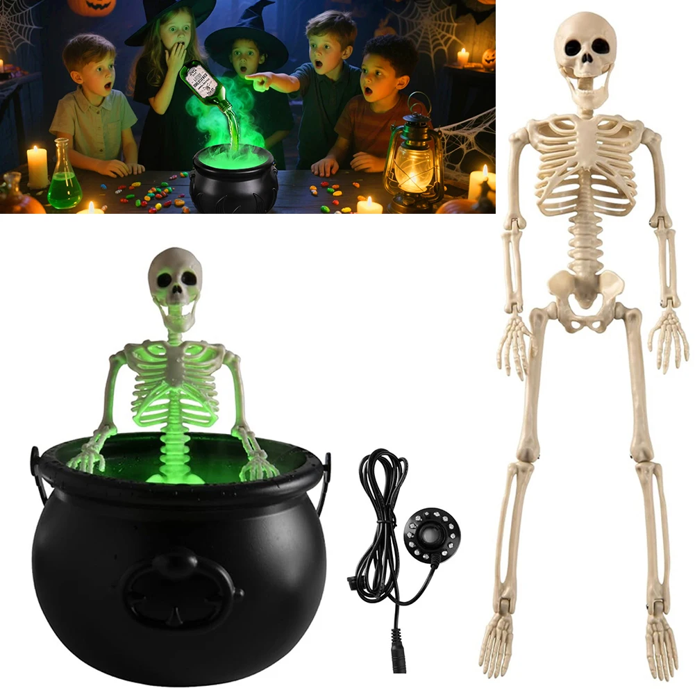 هيكل عظمي للهالوين وعاء ساحرة أسود دلو مرجل أسود LED صانع ضباب لديكور الهالوين الرعب
