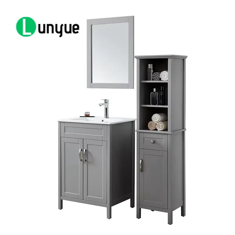 FSC Certified Pure Gray Farmhouse Style Antique Bathroom Cabinet Set with Column Custom Design Hot Selling Storage Furniture