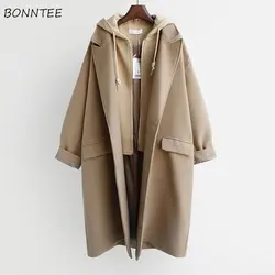 Wollmischungen Mäntel Frauen gespleißt gefälschte zweiteilige Kapuzenkleidung Design koreanische Mode Preppy College Girlish elegante Damen lässig