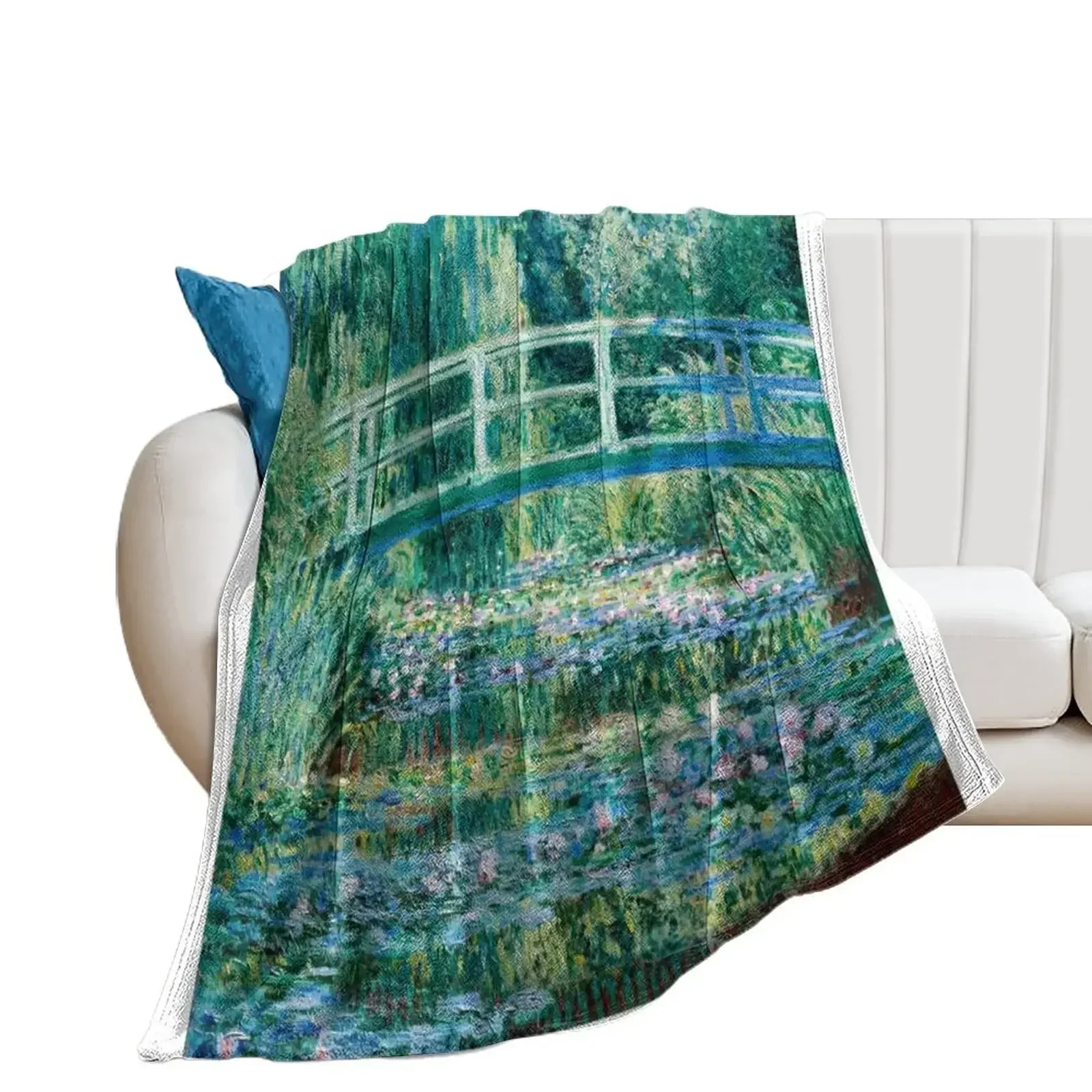 

1899-Claude Monet-Water Lilies and Japanese Bridge Throw Blanket Plaid on the sofa funny gift Decorative Sofas Retros Blankets