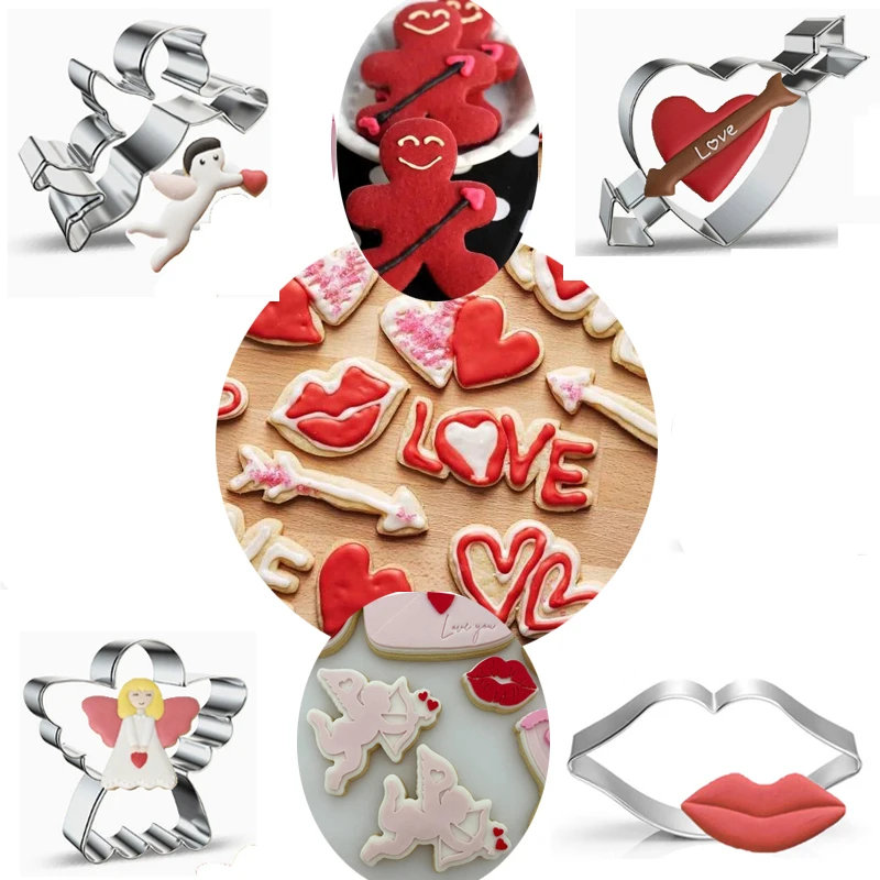 Juego de Cortadores de Galletas de Acero Inoxidable con Forma de Corazón de Ángel Cupido, Molde para Fondant de Grado Alimenticio para Hornear en San Valentín