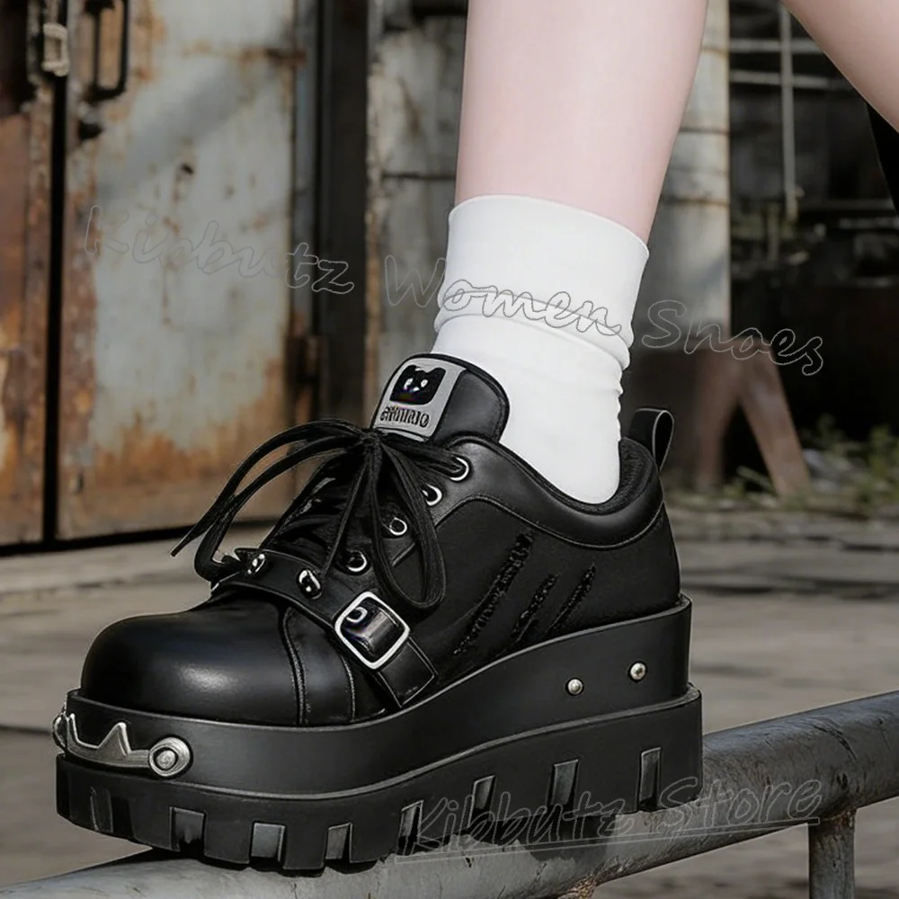 Gothic Sneaker Pumps Patchwork Leather Mixed Color Women Shoes Lace-Up Punk Rock Novelty Fashion Elegant Concise Luxury Sexy New