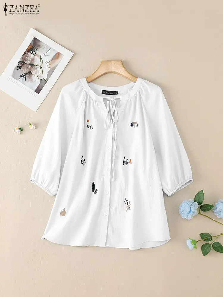 2025, Sommer Büro Hemd ZANZEA Frauen Gestickte Bluse Elegante Kurzarm Arbeit Blusas Casual O Neck Lose Tops Weibliche Mujer