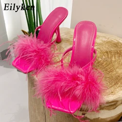 Eilyken Summer Fashion Fluffy Furry Women pantofole sandali gladiatore femminile Party Banquet Mules tacchi alti Slides Shoes