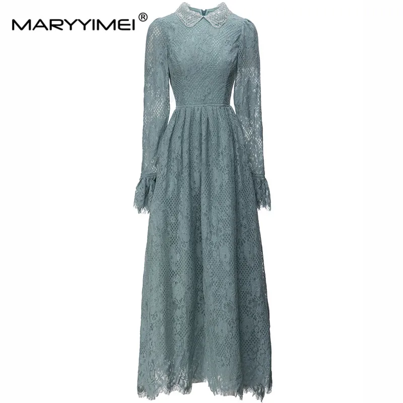 

MARYYIMEI Flare Sleeve Peter Pan Collar Lace Beading Hollow Out dress 2023 Spring Autumn New Holiday Slim Long Dresses