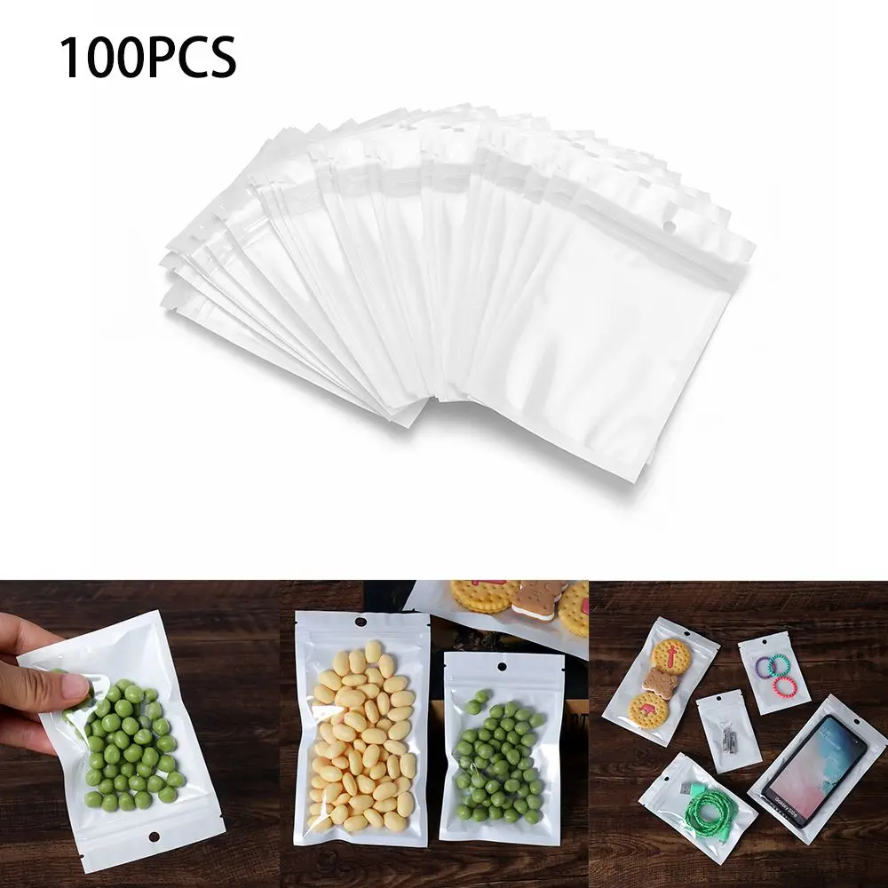 100pcs White/Clear Self Seal Zipper Plastic Retail Packaging Pack Poly Bag Storage Bag Packaging Bag Hang Hole