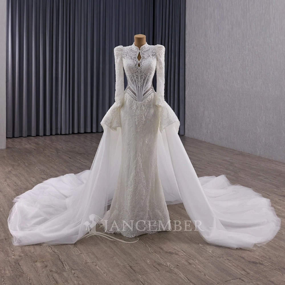 Wedding Dress Long Sleeve High Neck Zipper Back Customized Bride Dresses Court Train Rhinestones Bridal Gown vestido femininos