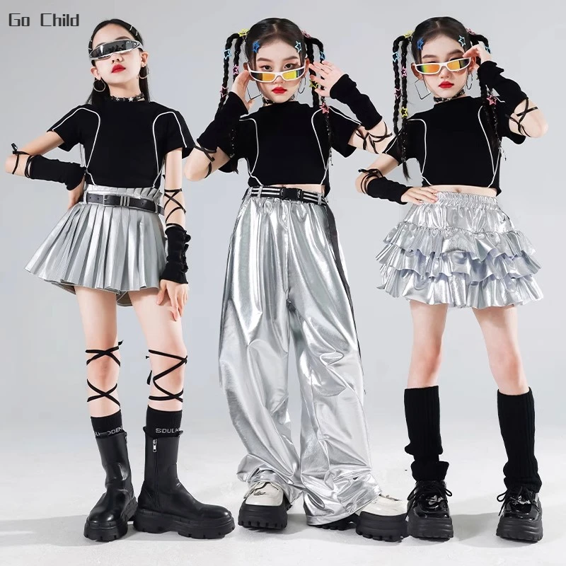 Girls Streetwear Hip Hop Crop Top Silver Cargo Pants Sequin Street Dance Skirts Children T-shirt Clothes Sets Kids Jazz Costumes