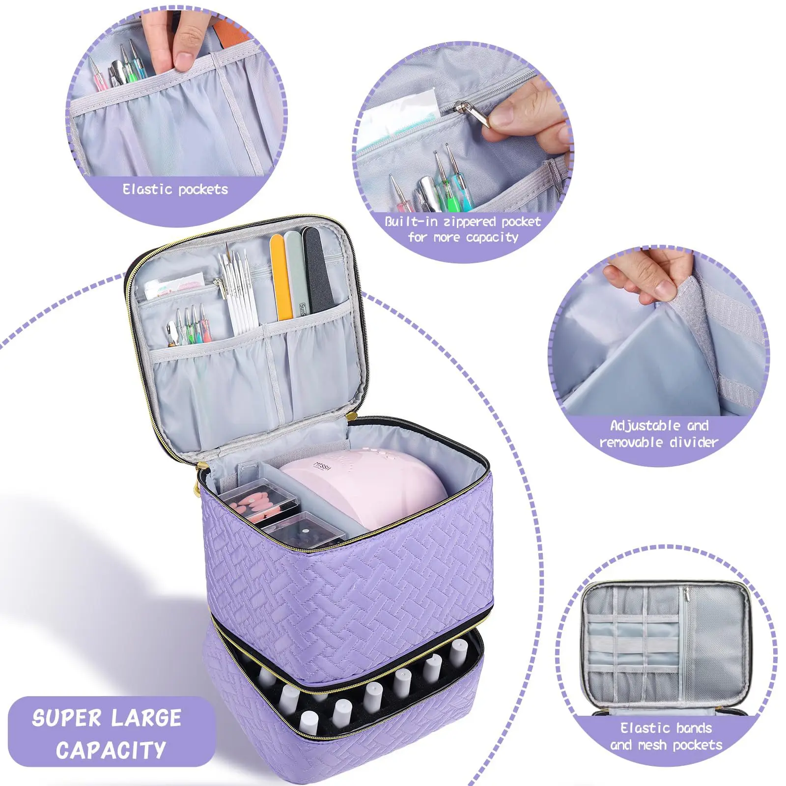 Quilted Portable Polyester Makeup Bag Women Aesthetic Wash Bag Large Capacity Toiletry Bag Cosmetic Bag Double Layer Storage Bag