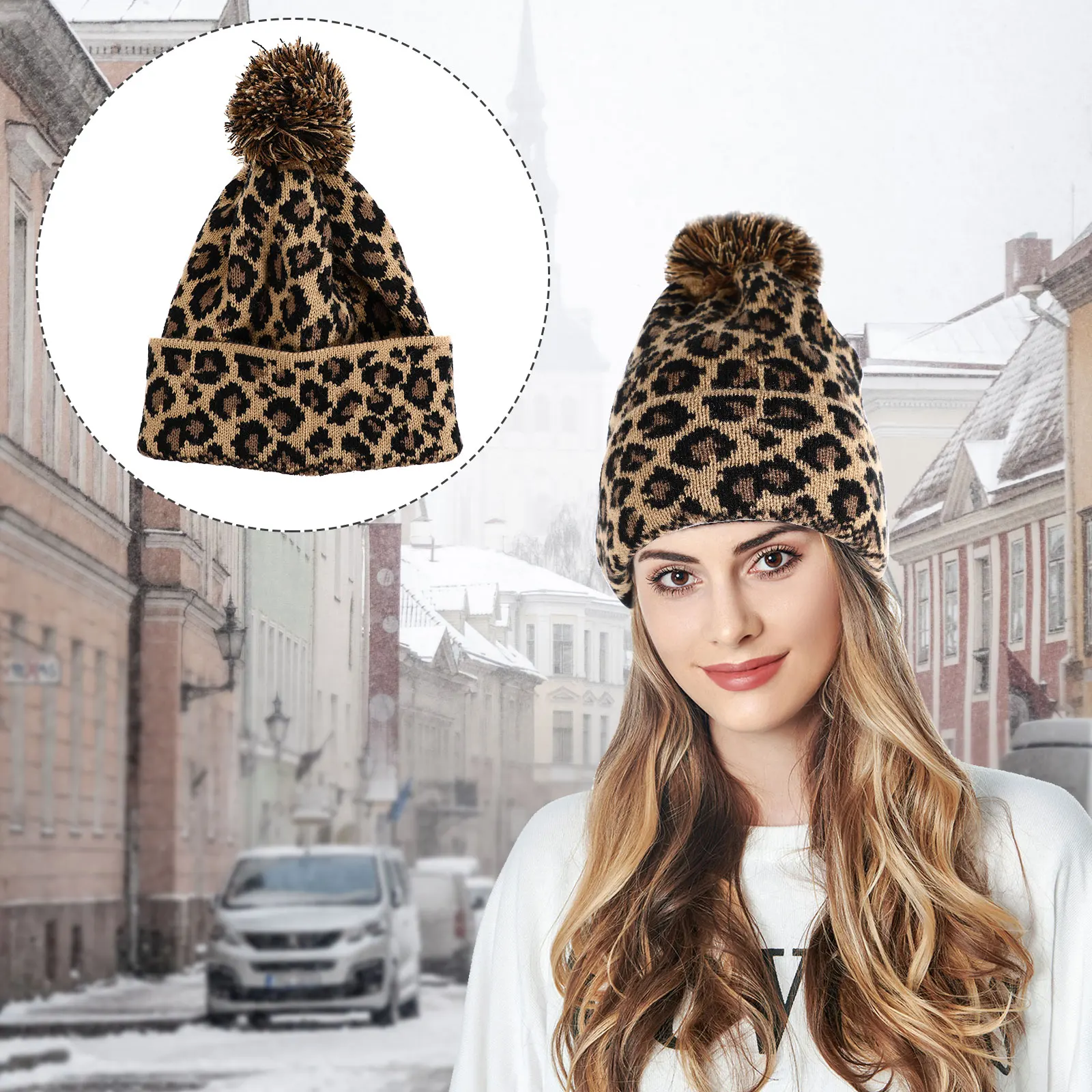 

Women Knitted Hat Leopard Print Beanie Warm Winter Wool Hat Soft Texture Easy Clean Safe Wear Skin Friendly Smooth Touch