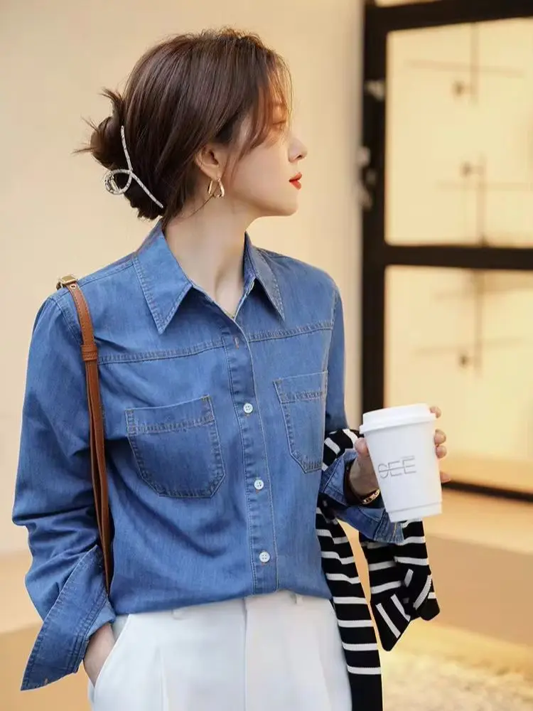 Women Long Sleeved Denim Shirt Blue Simple Casual Straight Blouse Spring Casual Jean Shirt Female Versatile Tops