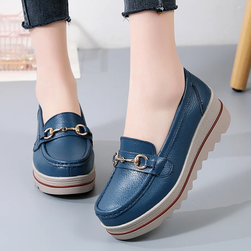 

Spring Autumn Women Plus-size Wedge Platform Shoe Adult Thick-soled Round-toe Loafers Slip-on Shoes Lady One-step-on Mom Loafers