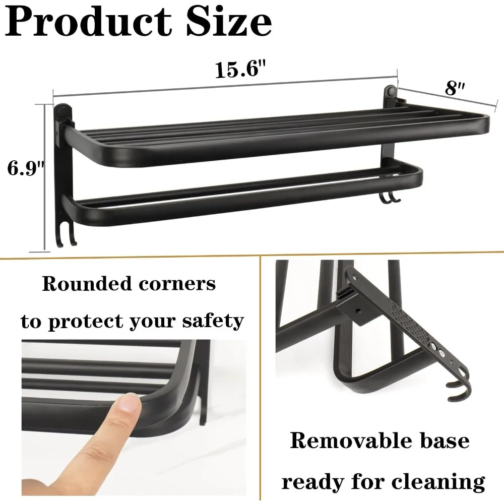Bathroom Towel Rack with Double Bar and Foldable Shelf, Rust-Resistant Wall-Mounted Organizer