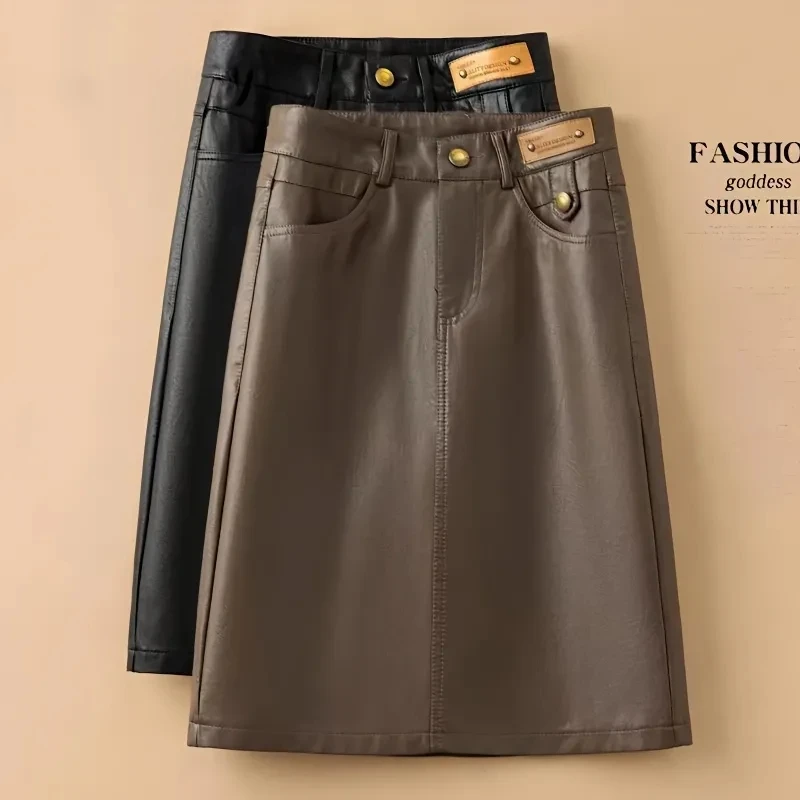 

2024 Spring Autumn Winter Leather Skirt Women New Fashion Brown High Waist PU A-Line Skirts Female Midi Black Skirts S-5XL
