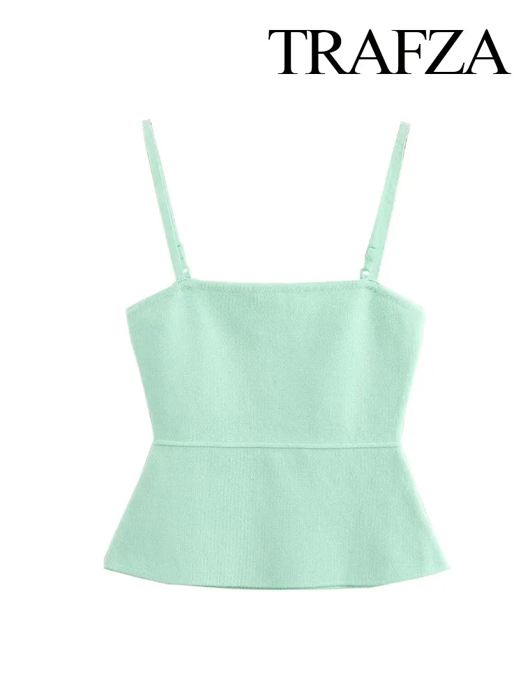 

TRAFZA Women Summer Elegant Short Tops Green One-Neck Sleeveless Backless Waist-closing Design Decorate Knitted Sling Top Mujer