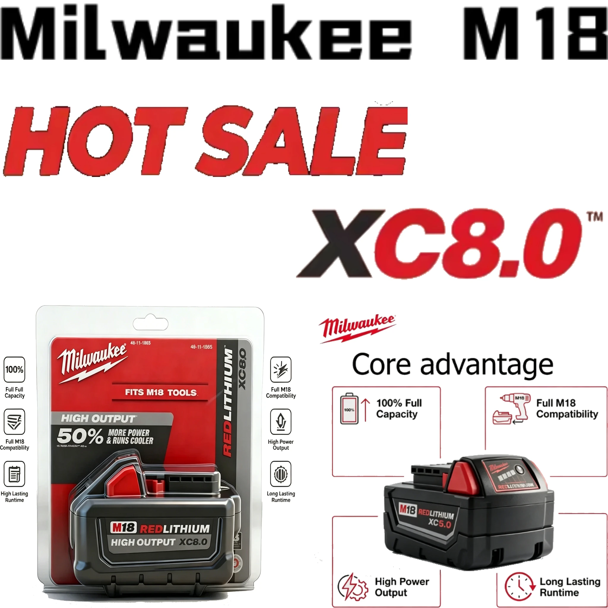 

Milwaukee M18 REDLITHIUM XC8.0 work shift battery thickened protective outer shell delivers consistent peak torque