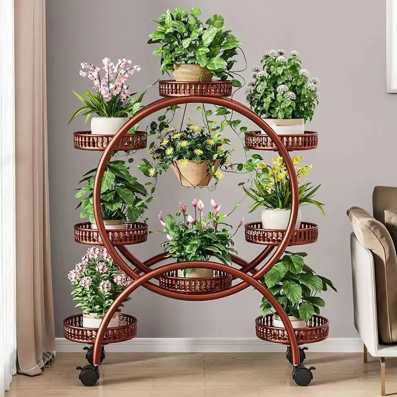 Flower shelf living room floor-to-ceiling movable with wheels dill flower pot frame wrought iron multi-layer balcony flower stan