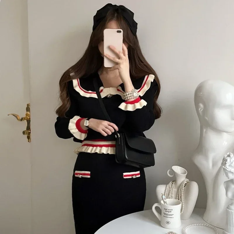 Neploe 2024 Autumn Sweet Two Piece Sets Age Reducing Peter Pan Collar Long Sleeve Sweater High Waist Slim Wrap Hip Half Skirt