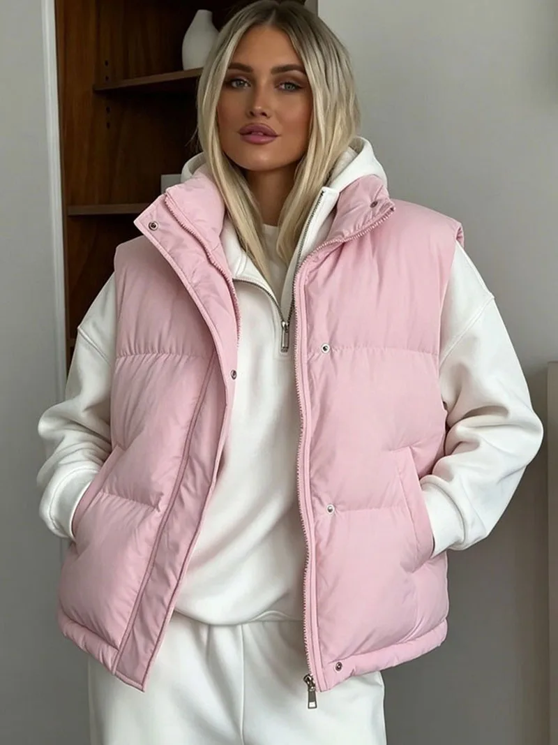 Pink Cotton Vest for Women Autumn Winter New Stand Collar Zipper Sleeveless Jacket Solid Color Loose Warm Padded Waistcoat