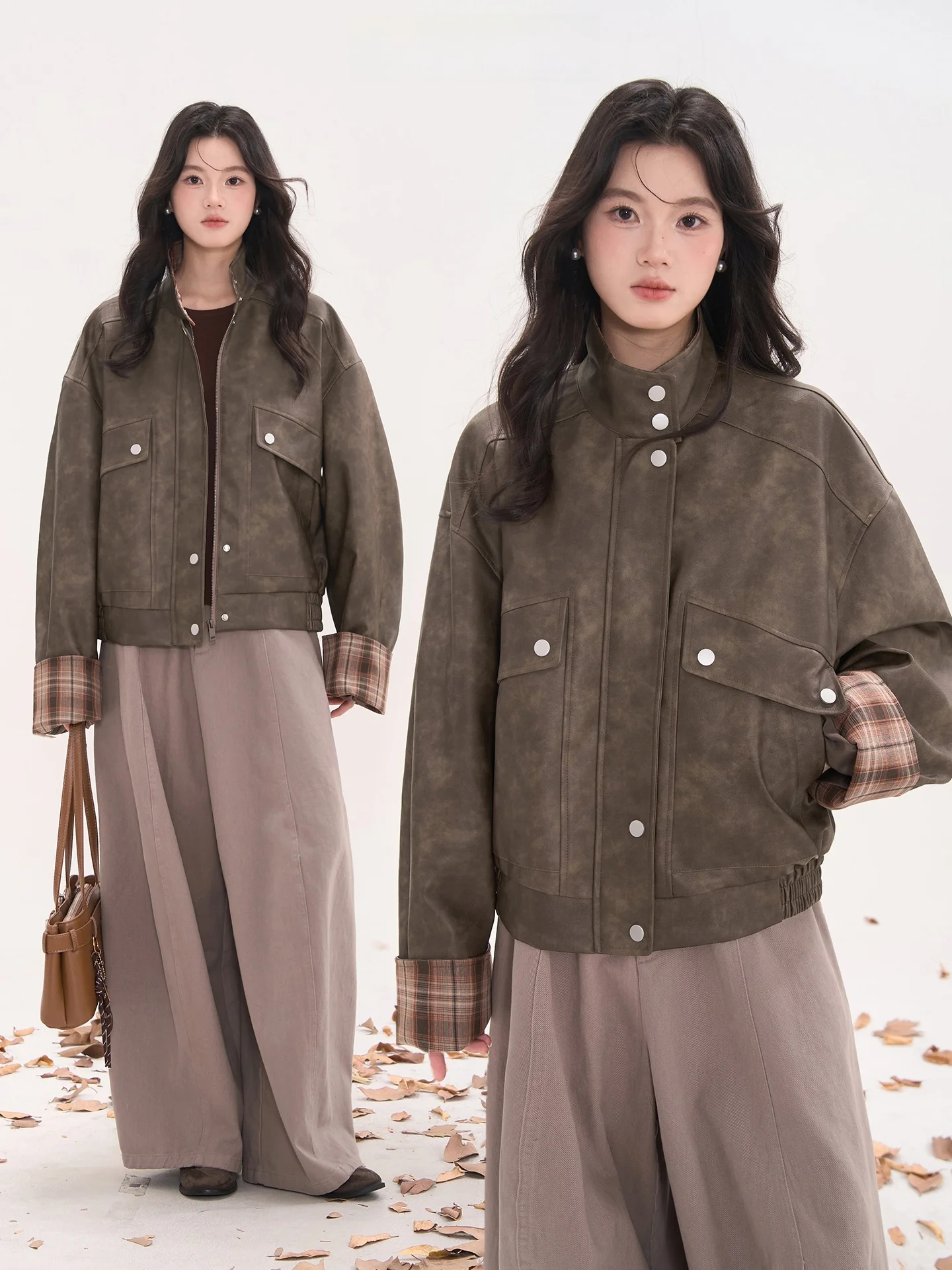 

Sweet Cool Moon Sea Plaid PU Leather Jaet Women's Autumn Large ket Stand Collar Coat Top Faion Commute Sle High Glos...