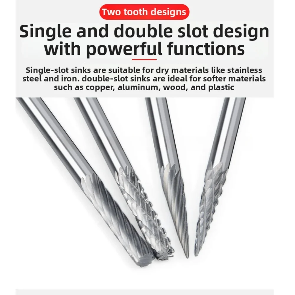Metal Deburring Size 3mm Rotary Burrs Set Carving Bit 3mm Shank YG8 Steel 6mm Head Diameter Slotted Plastic Box