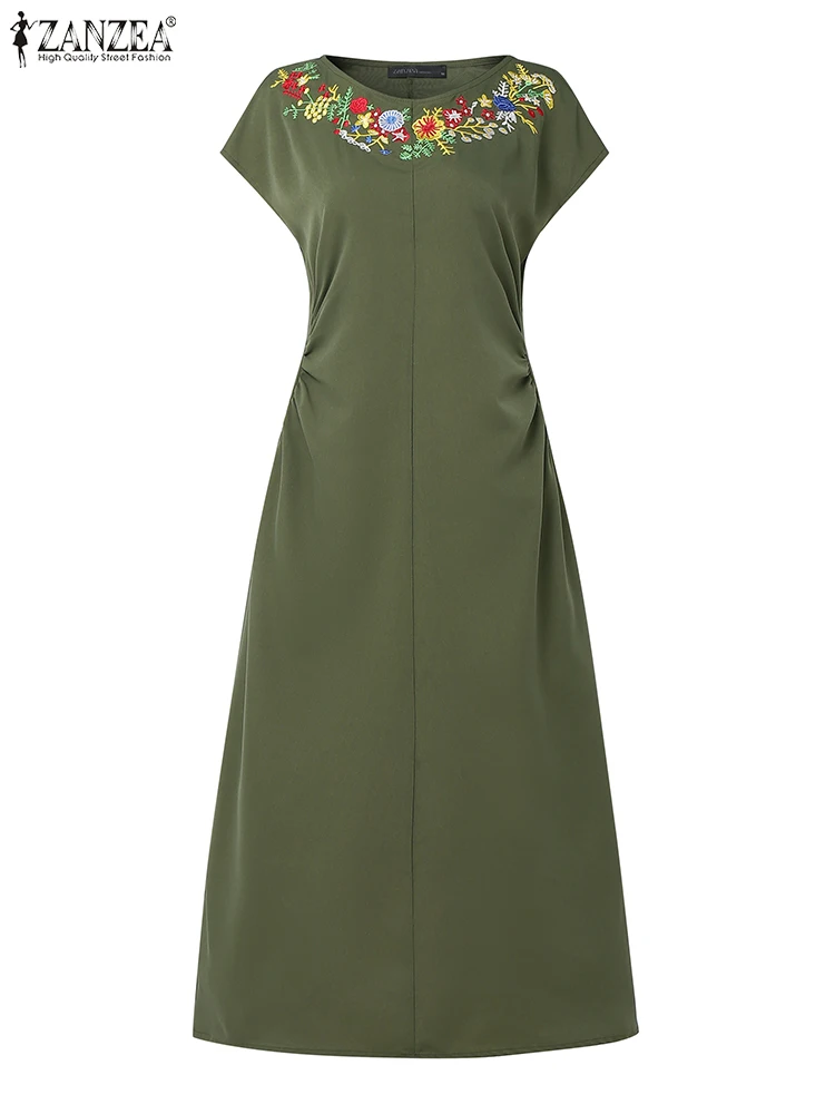 ZANZEA mode florale brodée femmes Robes élégant col montant manches courtes taille froncée Robes mi-longues Femme bureau Robes