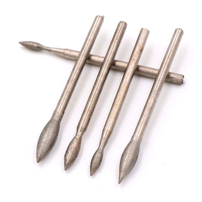 Cabezal de molienda de diamante en forma de oliva, 5 piezas, 1mm-4mm, aguja J, vástago de 2,35mm, brocas de pulido, tallado para herramientas rotativas Dremel