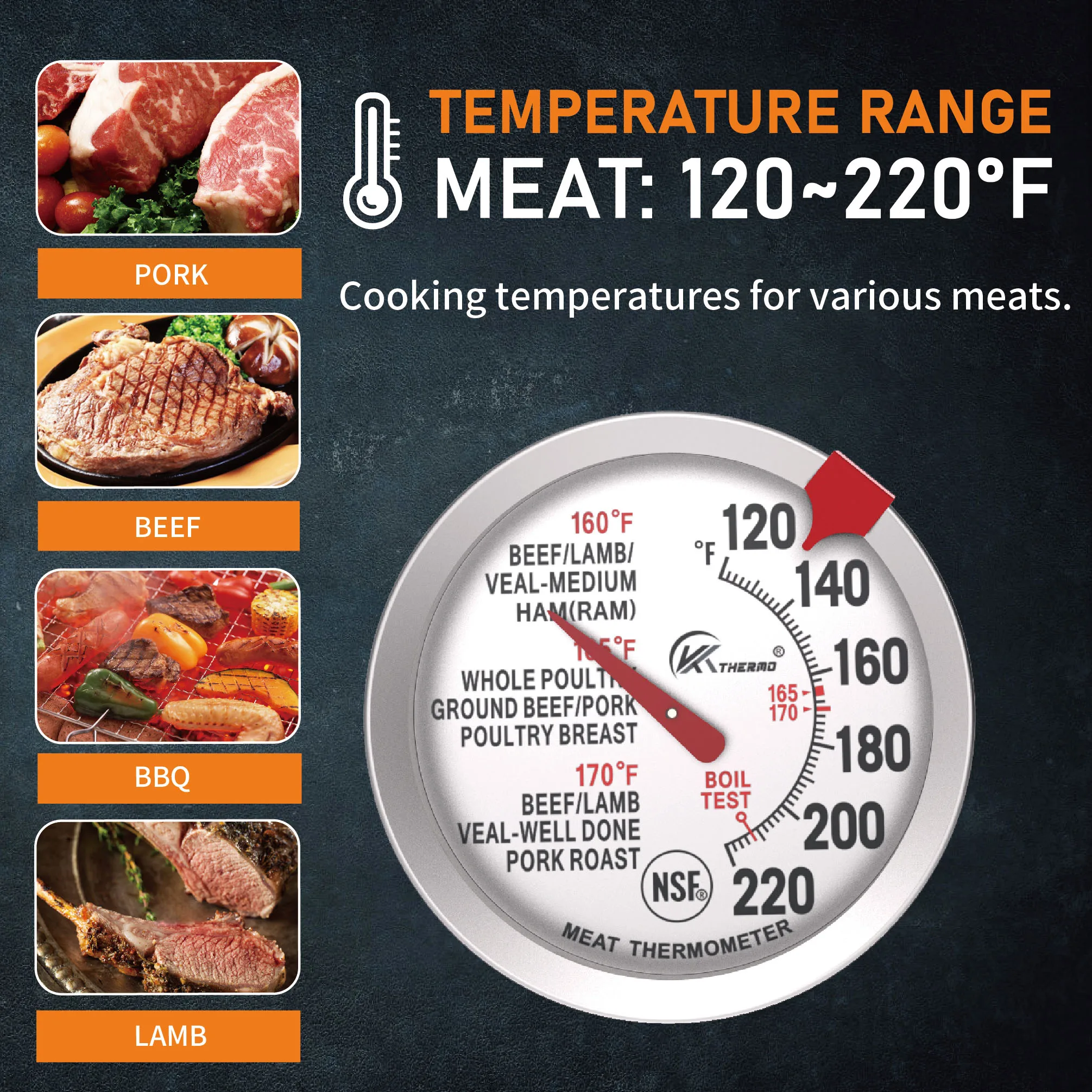 Oven Meat Cooking Thermometer with Silicon Mat NSF Approved Large Dial Oven Thermometer,2.6 Inch Dial Meat Thermometer Safe Leav