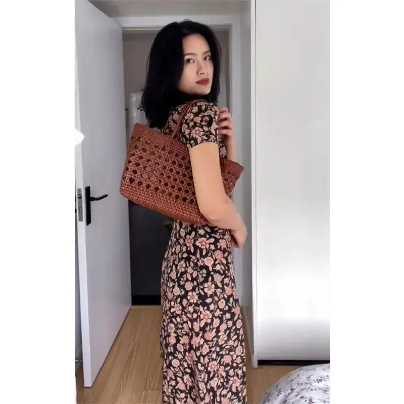 Korejepo Brown Fragmented Flower Dress 2024 Summer Tea Break French Retro Style Celebrity Dresses Beautiful Romantic Vestido