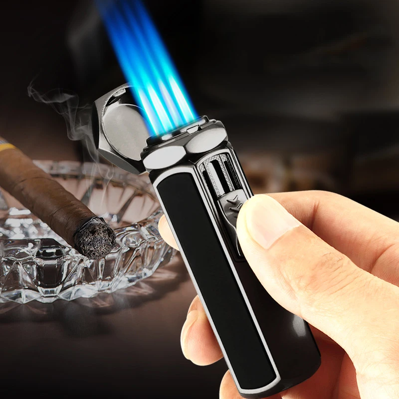 New metal outdoor windproof butane gas lighter with four direct spray blue flame spray guns, men's gift cigarette accessories