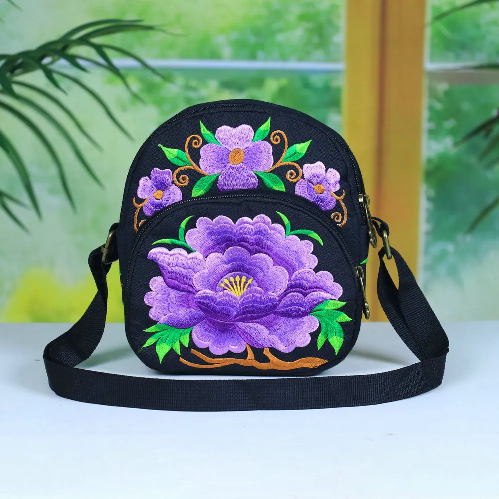 Bohemian Embroidered Flower Mobile Phone Bag, Women\'s Cross-body Bag, Three-layer Zipper, Retro Fashion Horizontal Shoulder Coin Bag