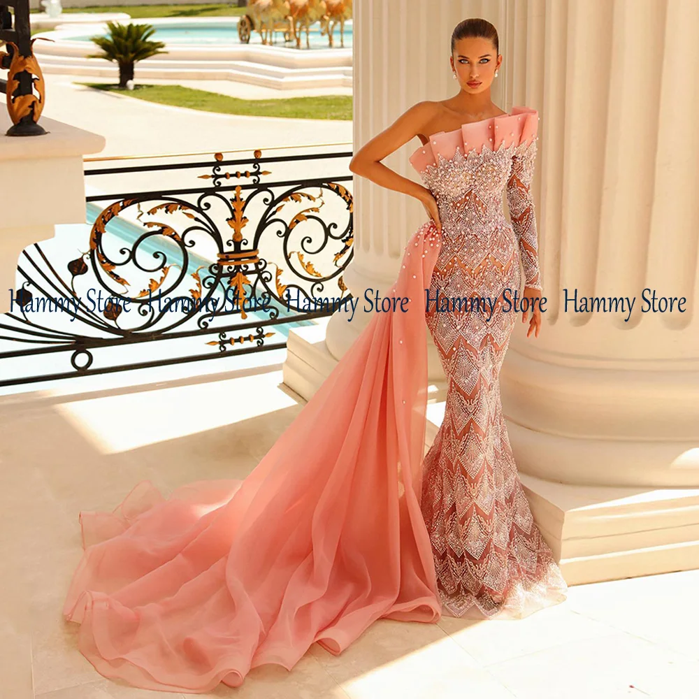 Luxe Mermaid Avondjurk Strapless Lange Mouwen Kralen Parels Sweep Trein Prom Gown Formele Feestkleding Pageant Jurken