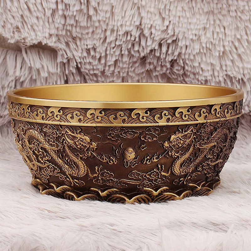

Treasure Bowl Wealth Basin Ornament Living Room Front Desk Decoration Creative Relief Retro Double Dragon Large Copper Bowl Basi