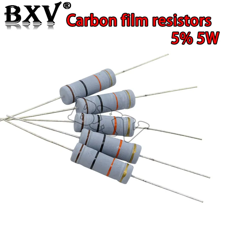 10PCS 5W Carbon Film Resistor 5% 1R ~ 1M 2.2R 10R 22R 47R 51R 100R 150R 470R 1K 4.7K 10K 47K 10 22 47 51 100 150 Ohm Resistance