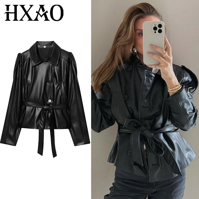 

HXAO Черная кожаная куртка Женская куртка Новые пальто и куртки Асимметричные топы на пуговицах с длинными рукавами Модная верхняя одежда для мотоциклистов