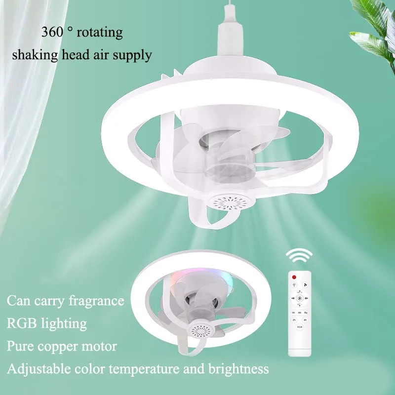 360° Shaking Head Fan Light E27 Universal Screw Head Remote Control Fan Lamp RGB 16 Color Light 360 ° Shaking Head Ceiling Fan